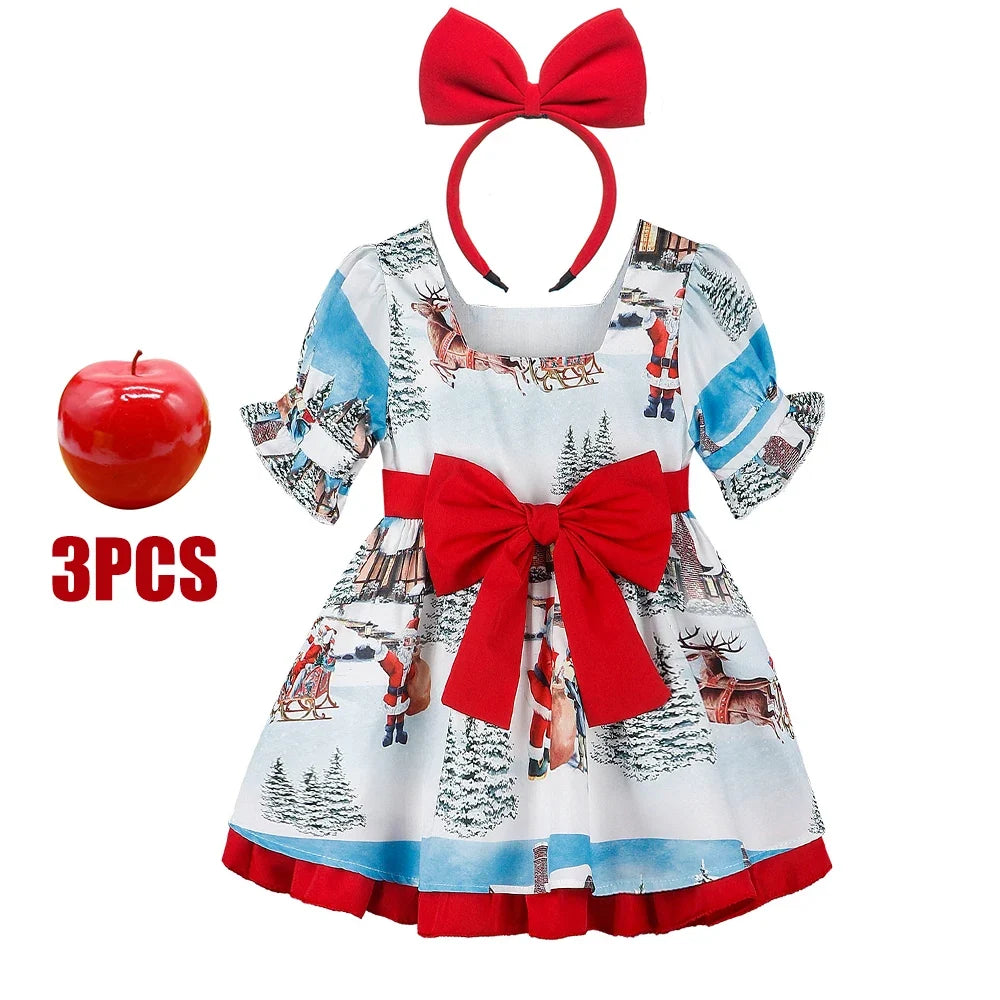 Christmas Bow Dress Kids Full Printing Casual Elk Xmas