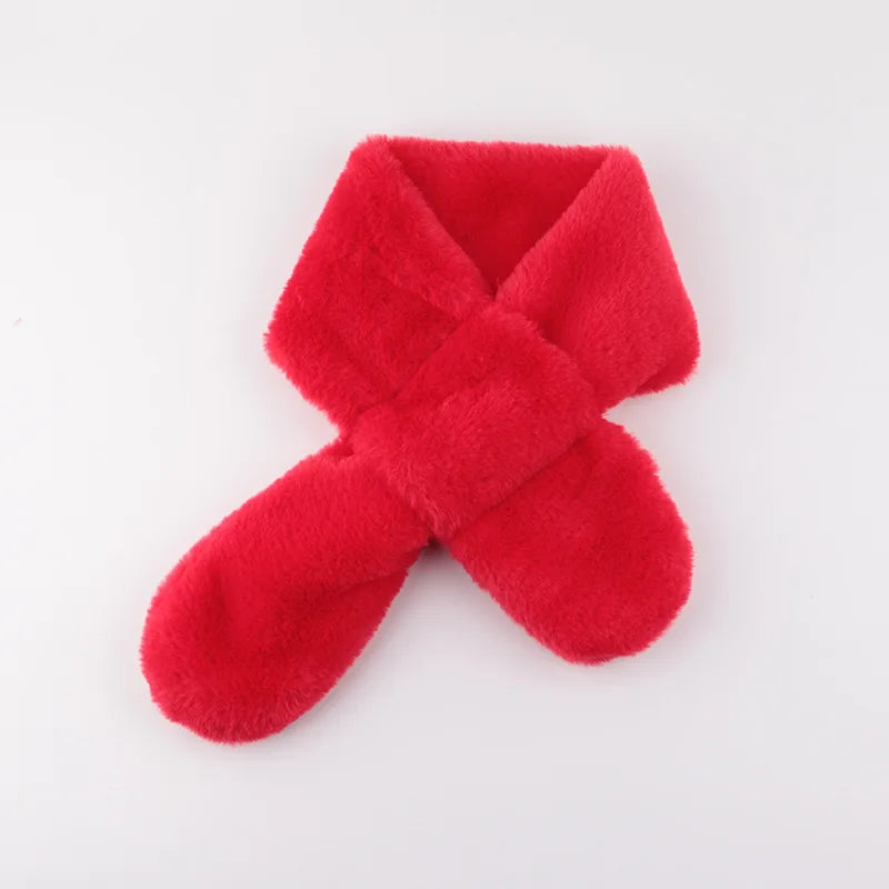 Baby Winter Warm Thicken Scarfs New Children Cute Cartoon Faux Rabbit Fur Cross Collar Scarves Boy Girl Soft Plush Scarf Gift