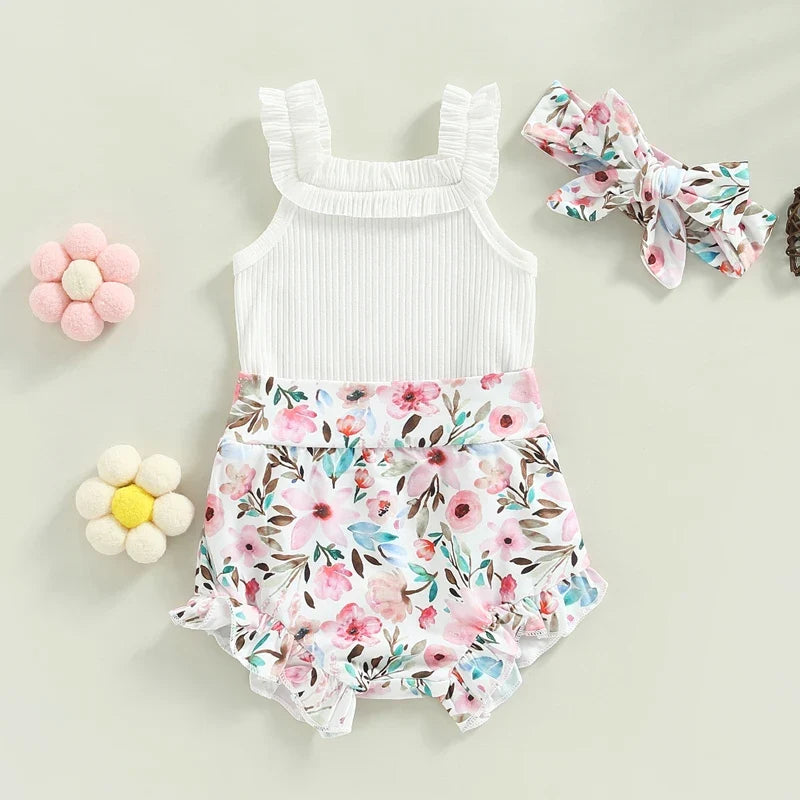 Baby Girls Shorts Set Sleeveless Romper Flower/Rainbow/ Print Shorts Hairband