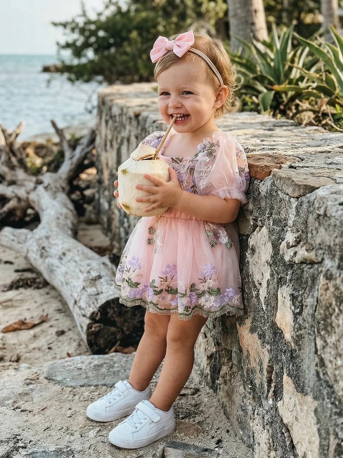 Baby Girl Summer Outfit Flower Embroidered Mesh Short Sleeve Dress and Bow Headband 2 Pcs Set
