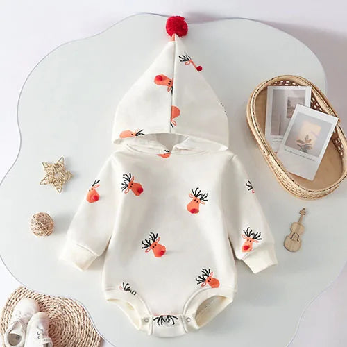 Cozy Baby Christmas Cartoon Hooded Bodysuits