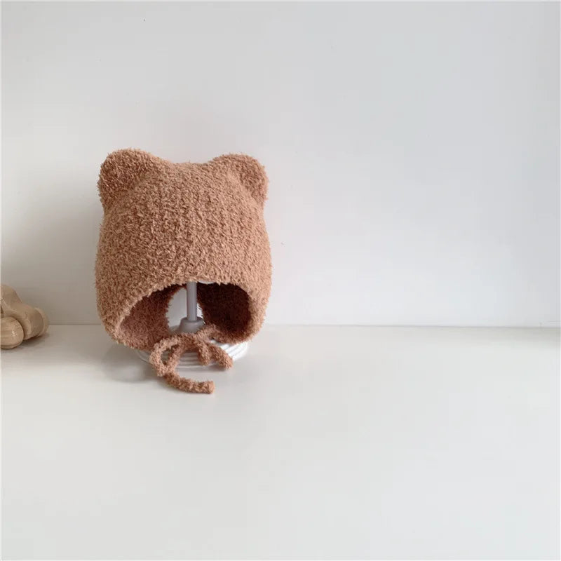 Cartoon Plush Beanie Cap for Baby Winter Soft Warm Infant Knitted Hat Cute Solid Color Cat Ears Toddler Ear Protection Hats