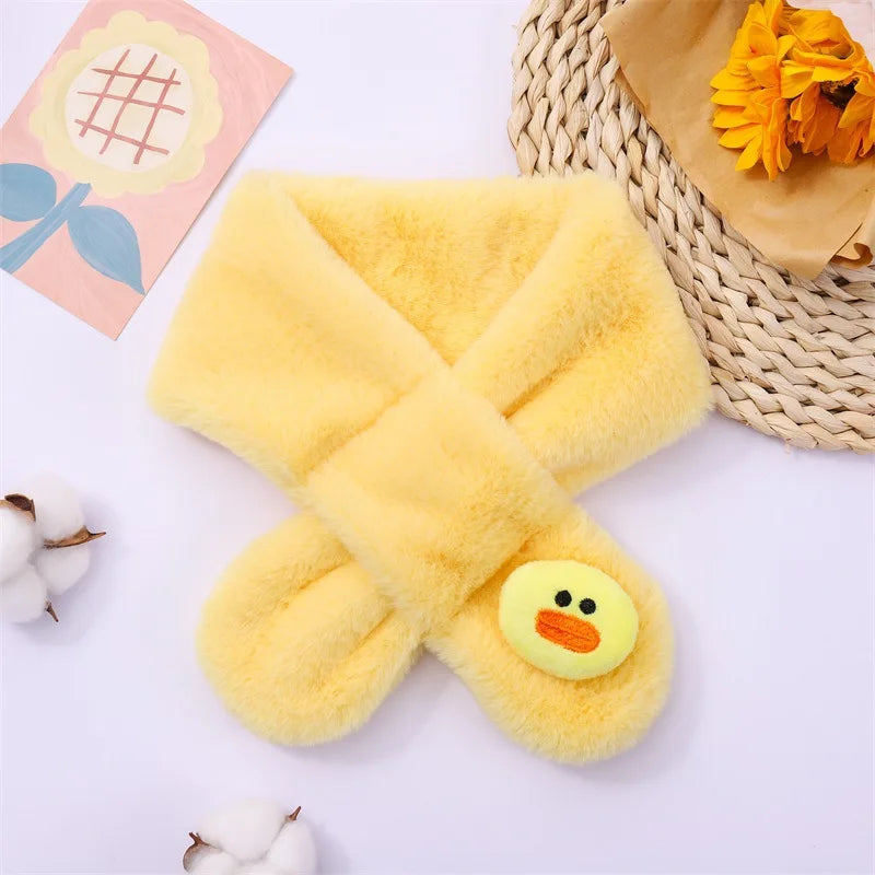 Baby Winter Warm Thicken Scarfs New Children Cute Cartoon Faux Rabbit Fur Cross Collar Scarves Boy Girl Soft Plush Scarf Gift