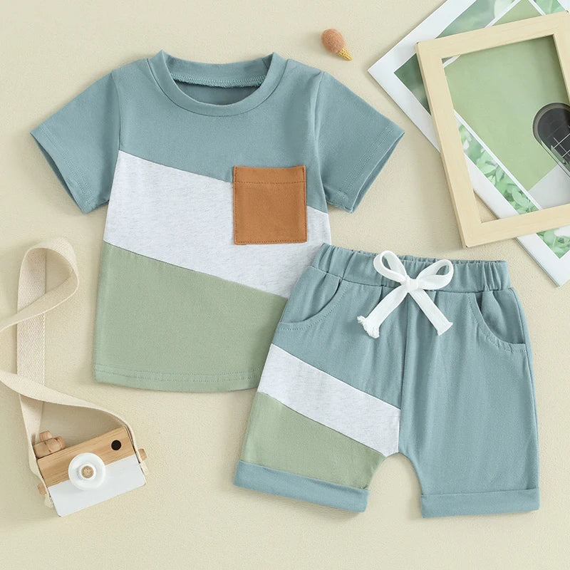 Contrast Color Short Sleeve T-shirt with Elastic Waist Shorts Set