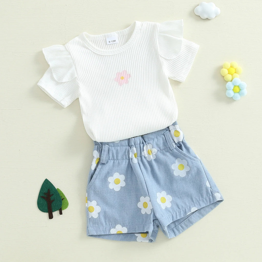 1-4Y Baby Girl Summer Outfits Ruffle Short Sleeve Floral Print Ribbed t Shirt Tops Shorts Set Toddler Baby Clothing 2Pcs