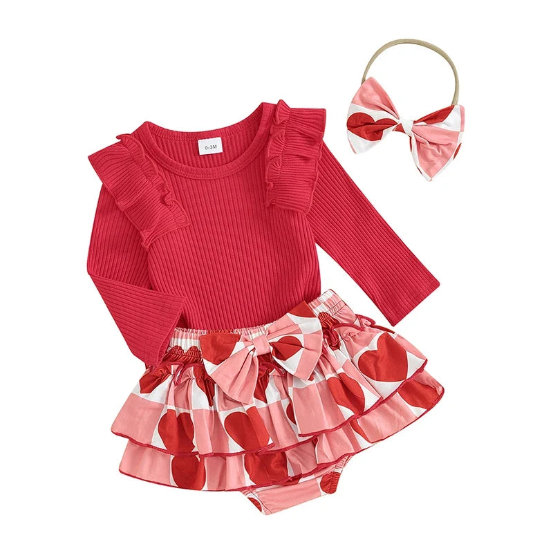 2023-11-03 Lioraitiin 0-18M Newborn Baby Girl Valentines Day Outfit Knit Ribbed Ruffle Romper Layered Tutu Shorts Set 3Pcs