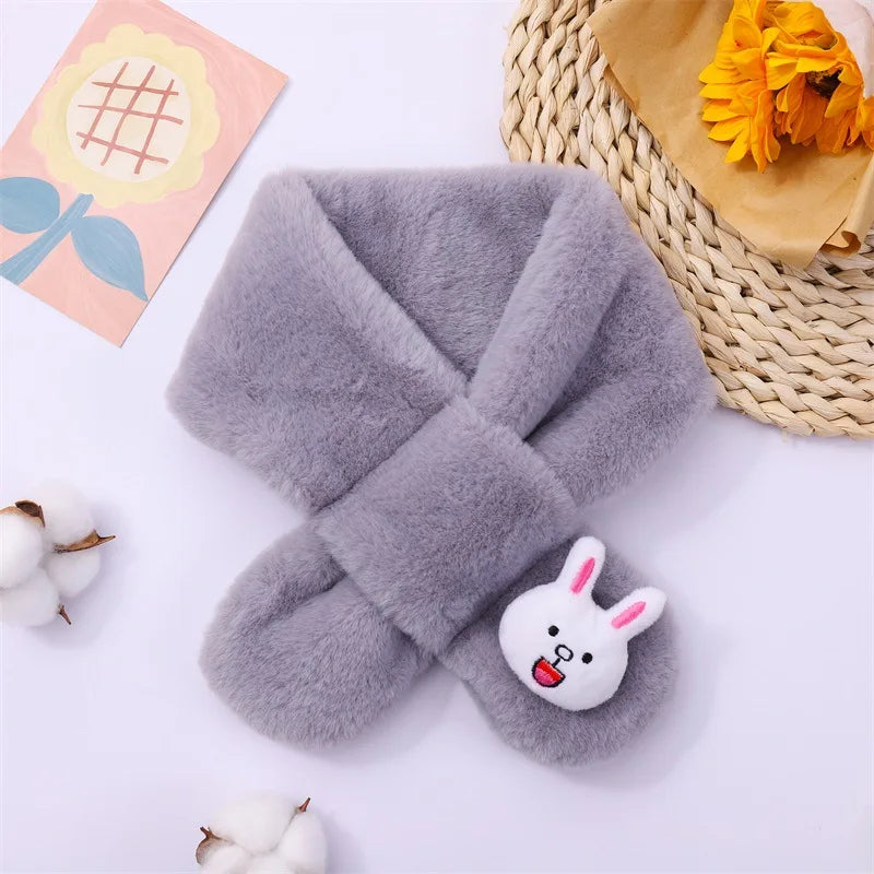 Baby Winter Warm Thicken Scarfs New Children Cute Cartoon Faux Rabbit Fur Cross Collar Scarves Boy Girl Soft Plush Scarf Gift