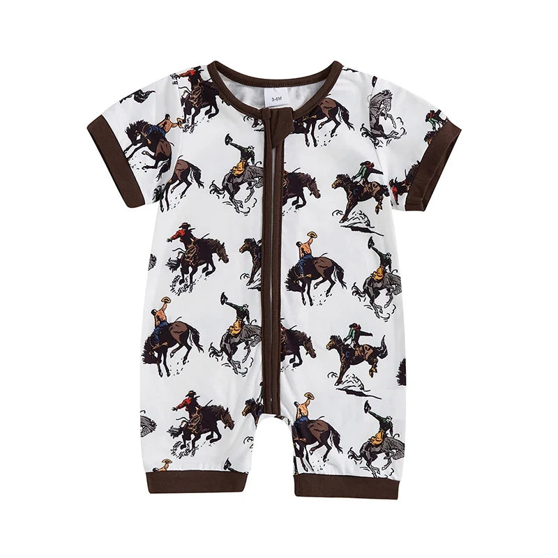 Boy Western Short Sleeve Round Neck Horse Print Jumpsuit