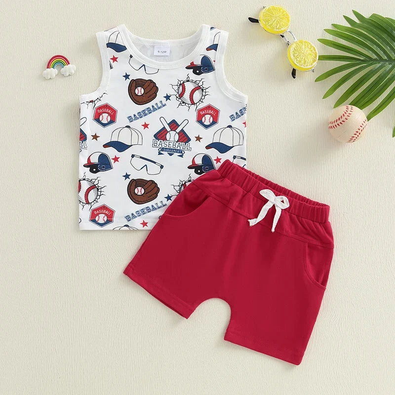 Boy Outfits Beach/Baseball Print Sleeveless Tank Tops and Elastic Shorts Set