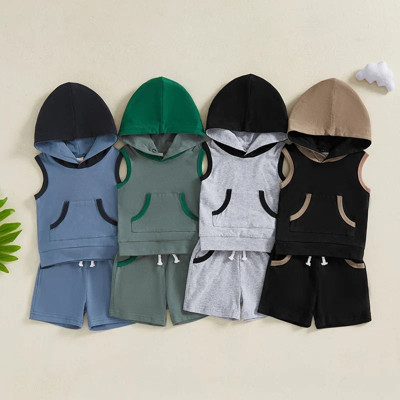 Baby Boy Shorts Set Contrast Color Sleeveless Hooded Tank Tops Elastic Waist Shorts