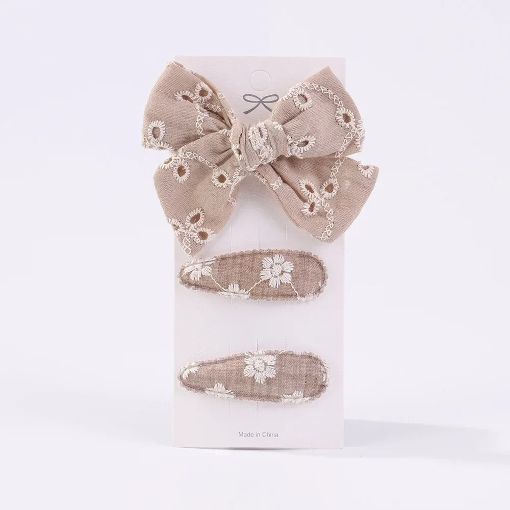 3Pcs Embroidery Flower Bow HairPins