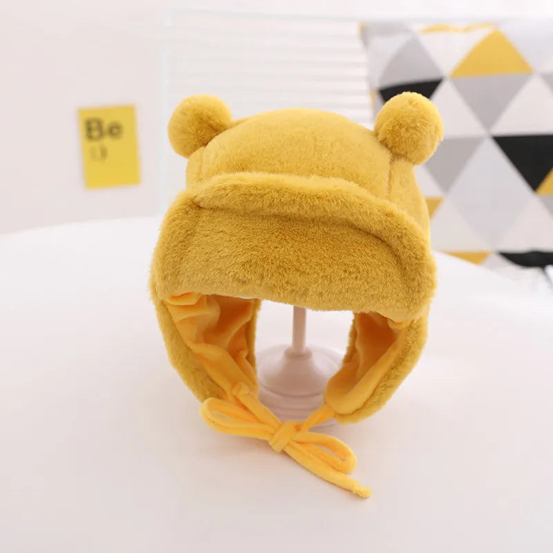 Cute Bear Baby Hat Soft Furry Ear Protection Kids Bonnet Hats with Earflaps Winter Warm Lined Infant Girl Boy Beanies Cap