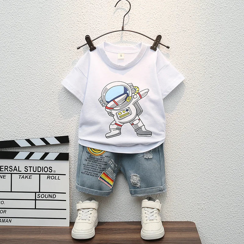 Cartoon Sports T-Shirt + Ripped Denim Shorts Sets