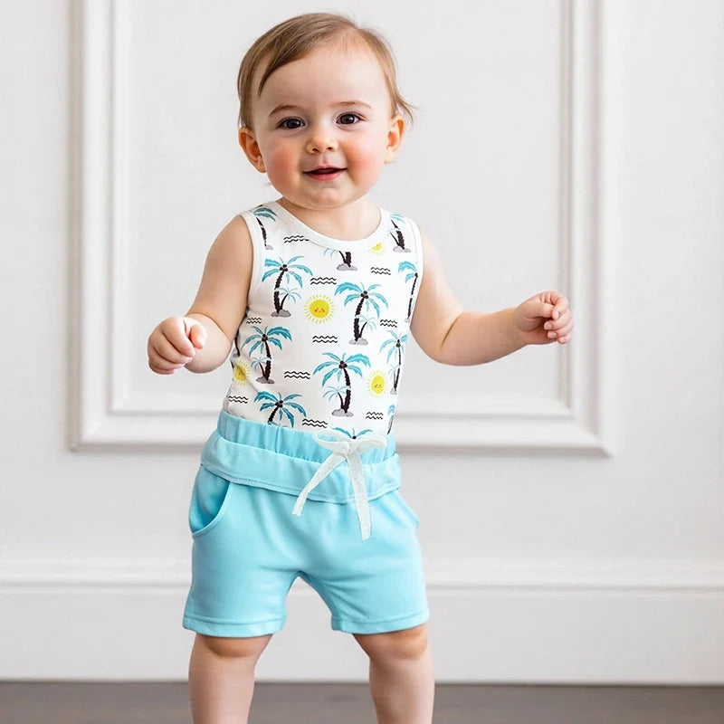 Boy Outfits Beach/Baseball Print Sleeveless Tank Tops and Elastic Shorts Set