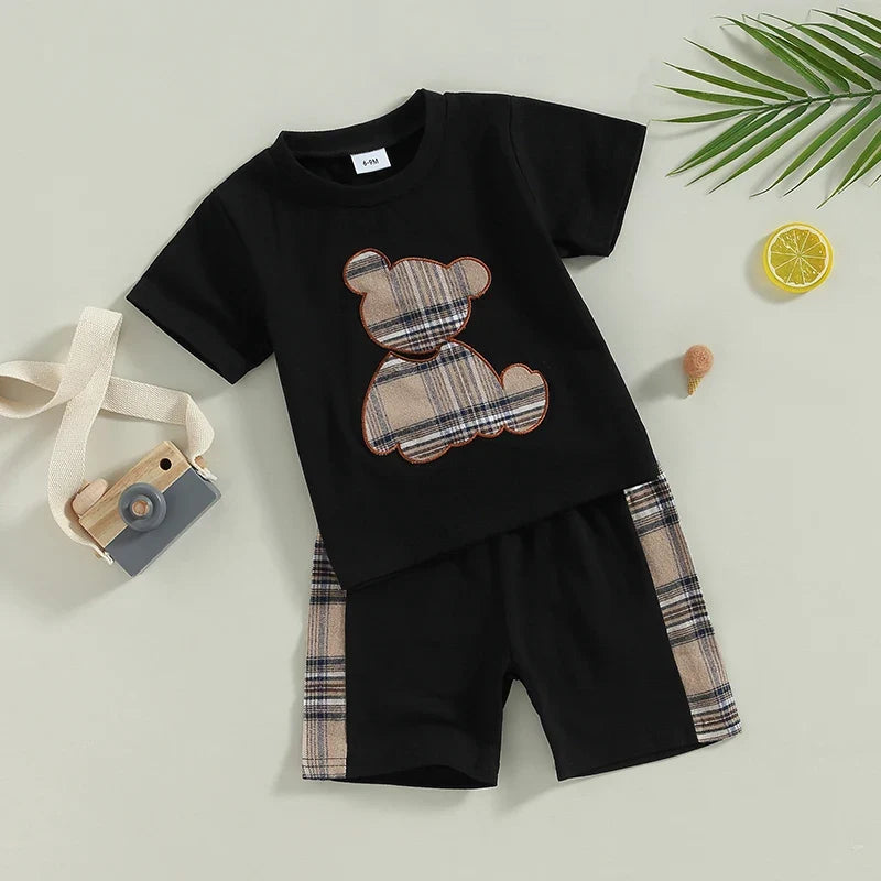 Bear Plaid T-shirt with Shorts for Casual Daily