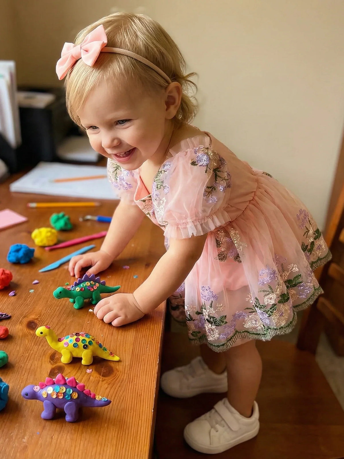 Baby Girl Summer Outfit Flower Embroidered Mesh Short Sleeve Dress and Bow Headband 2 Pcs Set