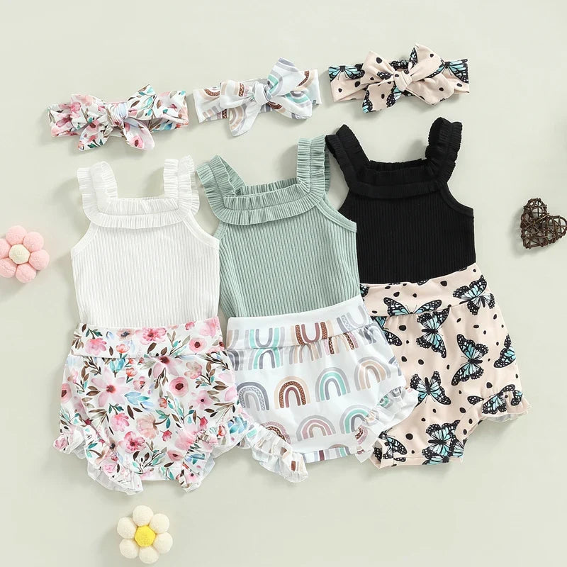 Baby Girls Shorts Set Sleeveless Romper Flower/Rainbow/ Print Shorts Hairband