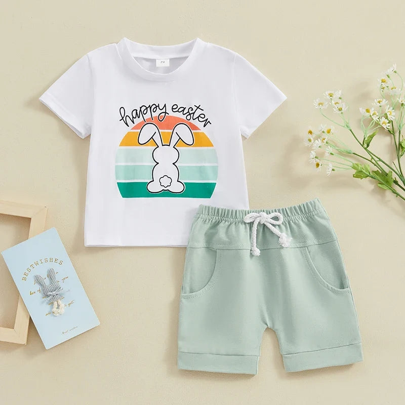 Bunny Letter Print Short Sleeve T-Shirt with Solid Shorts Set