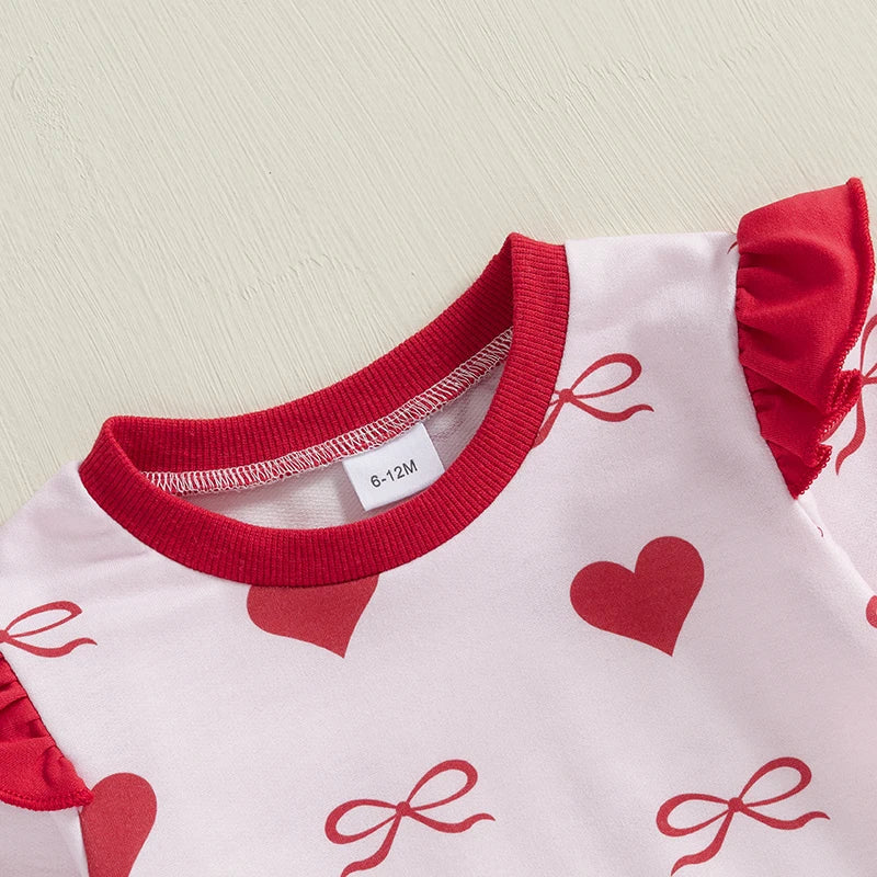 Bow /Heart Print Ruffle Long Sleeve Sweatshirt and Elastic Pants 2 Piece set